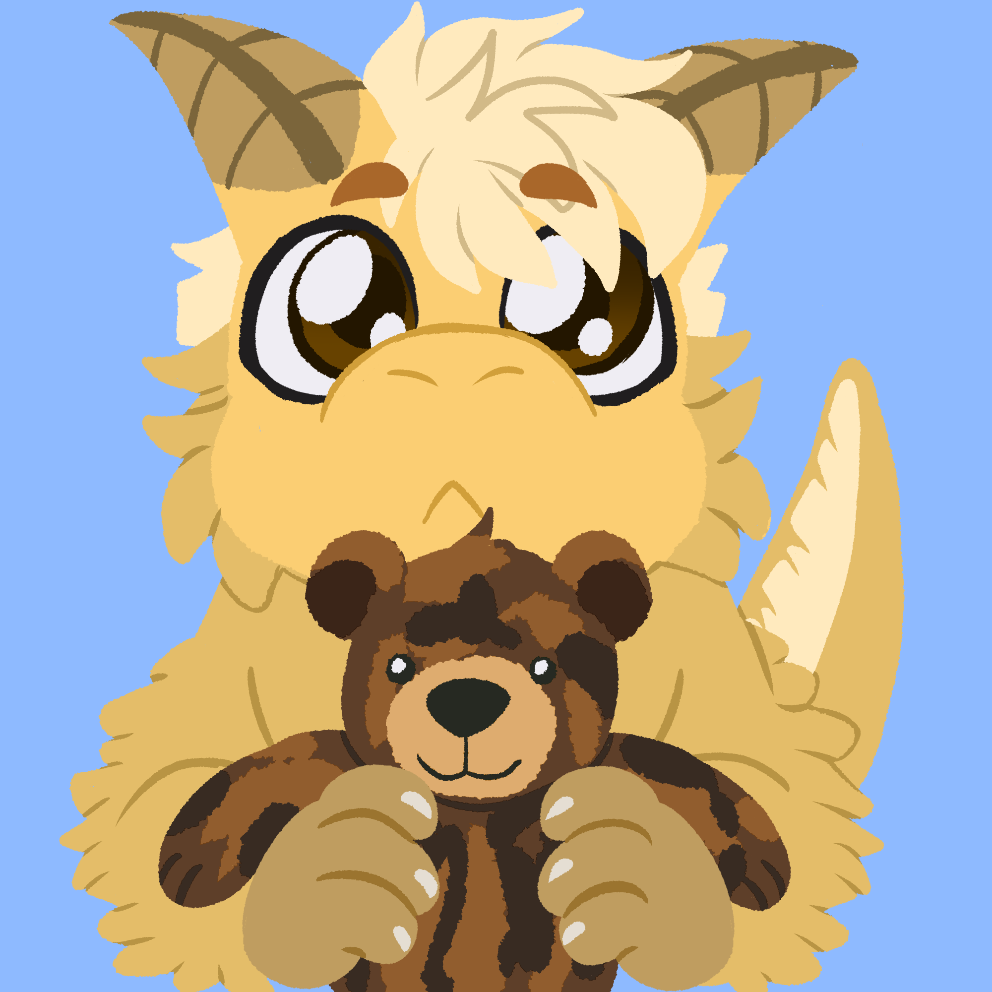 Young Dusty holding a brown bear plushie.