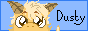 An image of an orange baby dragon on a light blue background, staring at you, blinking periodically. Next to him is the text 'Dusty'.