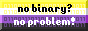Button that says 'no binary? no problem!'. The background is the non-binary pride flag