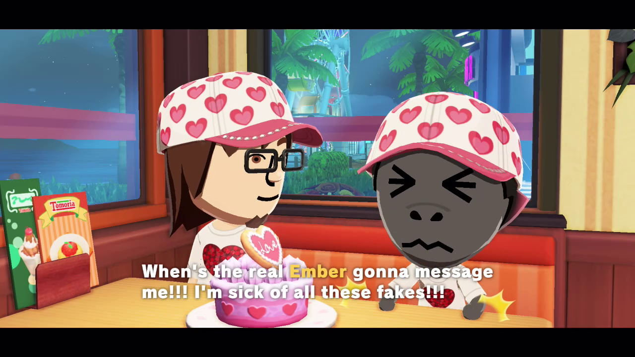 Tomodachi Life Living the Dream screenshot, featuring a character slamming their fists on a table, with the subtitle "When's the real Ember gonna message me!!! I'm sick of all these fakes!!!"