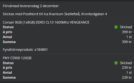 Receipt for the RAM and SSD, showing a cost of 399 + 239 SEK