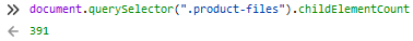 Firefox developer console showing 391 child items under "product files".