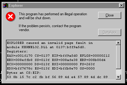 Watson popup on Windows 95, complaining about EXPLORER causing an invalid page fault in KERNEL32.dll